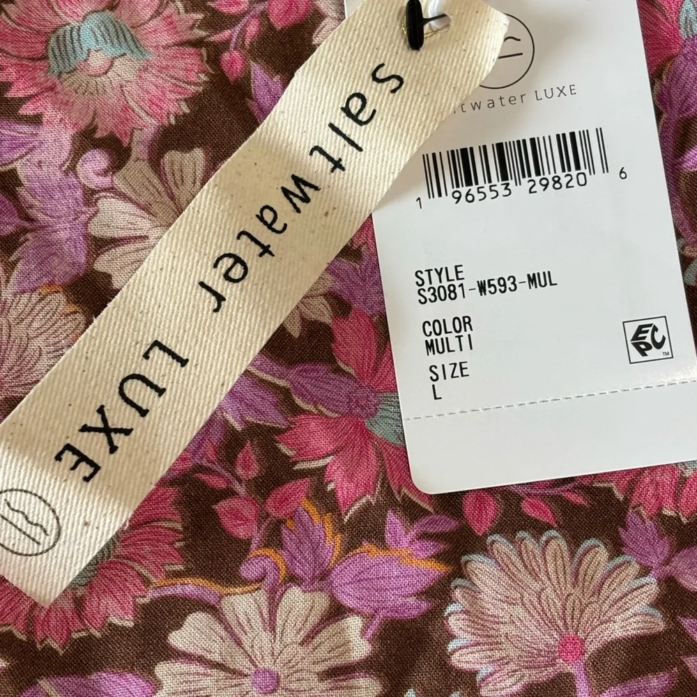 NWT Saltwater LUXE Floral Boho Mini Dress Size L Smocked Back Pockets Lined - Picture 4 of 15